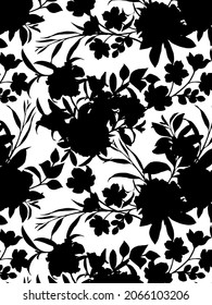 Black and white floral illustration and repeat mix flowers pattern design for fashion, interior, different backgrounds. 