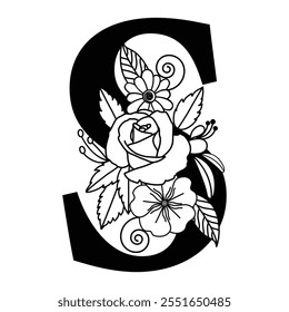 Black and White Floral Initial S Monogram, Botanical Typography Family Name Signs