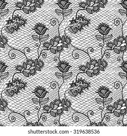 Black And White Floral Lace Seamless Pattern. Elegant vintage Textile Background.