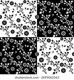 Diseño elegante del Vector monocromo del patrón floral y de la hoja en blanco y negro para la tela, la impresión textil, el Fondo de pantalla, y la ilustración decorativa moderna del fondo