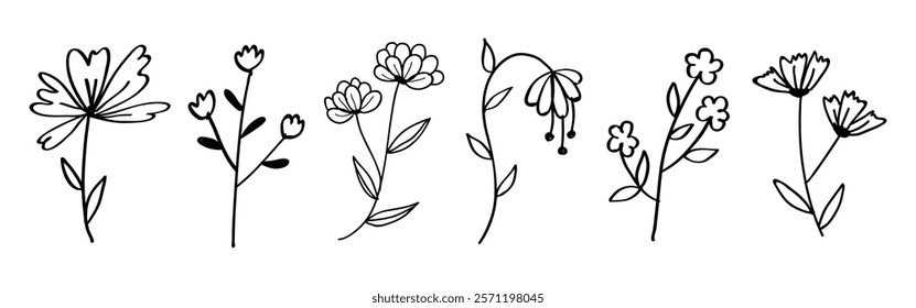 Black and white floral line art with various flower designs. Simple line art of flowers. Minimalist floral sketches in black and white. Flower illustrations. Cute hand drawn floral elements, vectors.
