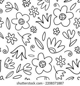 Schwarz-Weiß-Linearmuster mit Blumen. Vektorgrafik.