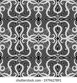 Black and white Floral Lines seamless Pattern. Ornamental monochrome vector background. Intricate line art flowers, leaves, shapes, swirls. Twisted ropes and strings. Beautiful ornate line art design.