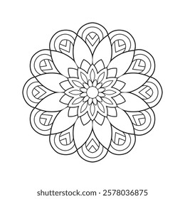 Black and White Floral Mandala Art. Hand-Drawn Symmetrical Line Art Geometric Mandala. Detailed Mandala Pattern for Digital and Print Art.