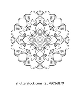 Black and White Floral Mandala Art. Hand-Drawn Symmetrical Line Art Geometric Mandala. Detailed Mandala Pattern for Digital and Print Art.