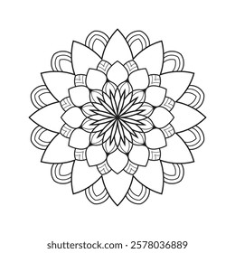 Black and White Floral Mandala Art. Hand-Drawn Symmetrical Line Art Geometric Mandala. Detailed Mandala Pattern for Digital and Print Art.