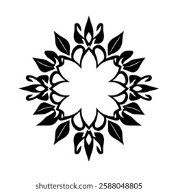 Black and White Floral Mandala: Circular Geometric Pattern, Abstract Flower Design, Decorative Ornament, Vintage Style, Symmetrical Illustration