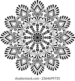 Black and white floral mandala design outlined vector isolated on white background