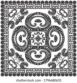 Patrón de mandala floral en blanco y negro con marco cuadrado. Ornamentos griegos. Decoraciones hermosas. Fondo ornamental vectorial. Fondo de estilo étnico. Llave griega, meandros, flores, formas.