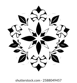 Black and White Floral Mandala: Symmetrical Geometric Pattern Design, Elegant and Stylish Decorative Artwork