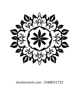 Black and White Floral Mandala: A Symmetrical Circular Design. Perfect for home decor, wall art, textile prints, and more.