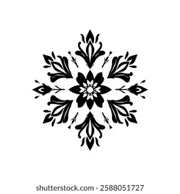 Black and White Floral Mandala: Symmetrical Vintage Pattern Design. Elegant Ornamental Decorative Motifs for Backgrounds and Textures.