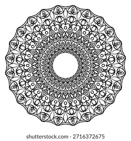 Ilustración vectorial de mandala floral en blanco y negro con diseño radial simétrico y líneas de contorno limpias Adecuado para patrones decorativos, temas para colorear, obras de arte de tatuajes, conceptos de meditación y atención plena y uso de diseño ornamental.