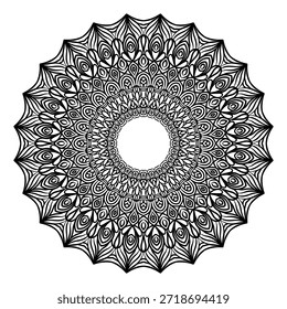 Ilustración vectorial de mandala floral en blanco y negro con diseño radial simétrico y líneas de contorno limpias Adecuado para patrones decorativos, temas para colorear, obras de arte de tatuajes, conceptos de meditación y atención plena y uso de diseño ornamental.