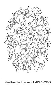 Black and white floral ornament. Coloring page for children and adults. Vector monochrome background.