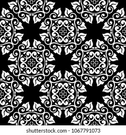 Black and white floral ornament. Seamless pattern for textile and wallpapers