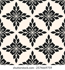 Black and white floral ornament. Simple elegant seamless pattern with abstract flower silhouettes, foliage. Luxury vector background in damask, oriental style. Monochrome texture. Repeated geo design