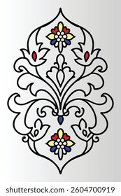 Black and white floral ornament with skull and vintage decorative elements.	