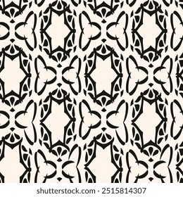 Black and white floral ornamental seamless pattern. Abstract minimal geometric ornament with flowers in oriental style. Simple elegant background. 