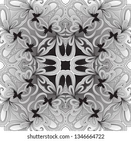 Black and white floral ornamental vector seamless pattern. Hand drawn line art tracery ornament with flowers, leaves, butterflies, shapes, curves. Monochrome elegance background. Beautiful design