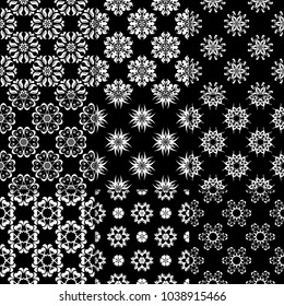 Black and white floral ornaments. Collection of monochrome seamless patterns for paper, textile