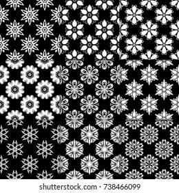 Black and white floral ornaments. Collection of monochrome seamless patterns for paper, textile