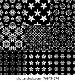 Black and white floral ornaments. Collection of monochrome seamless patterns for paper, textile