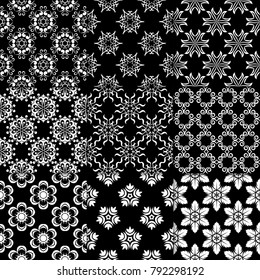 Black and white floral ornaments. Collection of seamless patterns