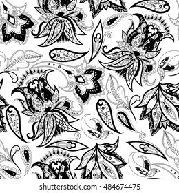 Black and white floral paisley pattern. Vector illustration