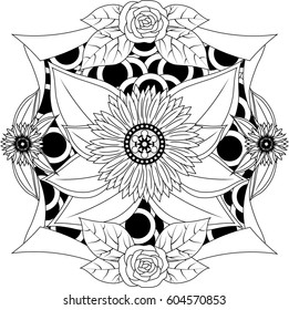 Black and white floral pattern for adult coloring book. Floral vector elements for design. Good for design of wrapping and textile.