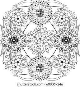 Black and white floral pattern for adult coloring book. Floral vector elements for design. Good for design of wrapping and textile.