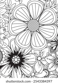 Black and white floral pattern for coloring book page. Vector illustration.