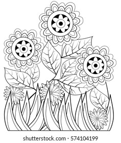  Black and white floral pattern for coloring book. Vector illustration.
