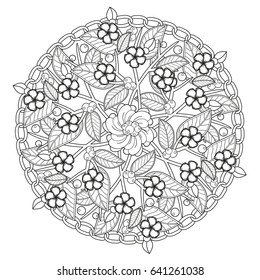 Black and white floral pattern for coloring book in doodle style. Vector elements for design. Good for art therapy, zentangle-style meditation and design of wrapping and textile.