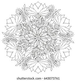 Black and white floral pattern for coloring book in doodle style. Vector elements for design. Good for art therapy, zentangle-style meditation and design of wrapping and textile.