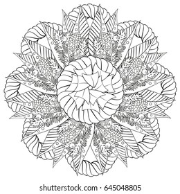 Black and white floral pattern for coloring book in doodle style. Vector elements for design. Good for art therapy, zentangle-style meditation and design of wrapping and textile.