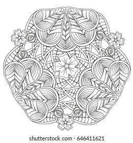 Black and white floral pattern for coloring book in doodle style. Vector elements for design. Good for art therapy, zentangle-style meditation and design of wrapping and textile.