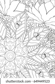 Black and white floral pattern for coloring book in doodle style. Vector elements for design. Good for art therapy, zentangle-style meditation and design of wrapping and textile.