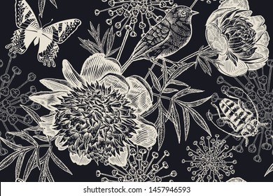 Black and white floral pattern for creating textiles, wallpaper, paper. Seamless background with garden flowers peonies, bird, beetle and butterflies. Vintage. Vector Illustration.  Old sketch style.
