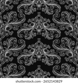 Um padrão floral preto e branco decora um fundo escuro com detalhes intrincados e formas variadas. O design ornamental apresenta curvas delicadas e tons contrastantes para um visual impressionante.