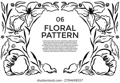 Schwarz-weißes Blumenmuster mit Blumen, Blättern und Textelementen innerhalb eines Rahmens.