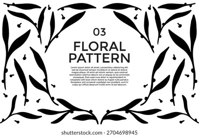 Black and white floral pattern design with text and decorative leaf elements.