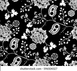 black and white floral pattern. Elegance seamless pattern with ethnic flowers. Vector Floral Illustration in asian textile  