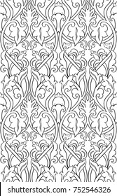 Black and white floral pattern. Filigree seamless ornament. Stylized template for wallpaper, textile, shawl, carpet.