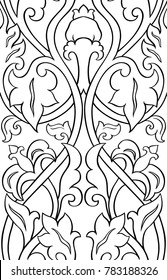 Black and white floral pattern. Filigree seamless ornament. Stylized template for wallpaper, textile, shawl, carpet.