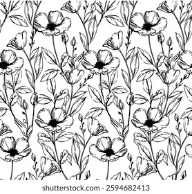 Black and white floral pattern with flowers. Hand drawn Flower, leaf, branches  pattern. Line art illustration. Floral pattern  for wallpaper, pattern fills, web page background, surface textures.