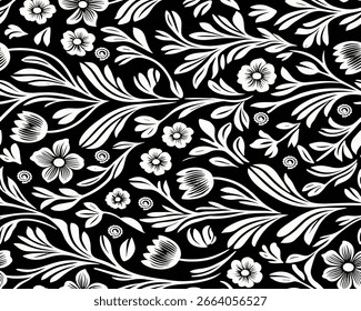 Schwarz-weißes Blumenmuster, weiße Blumen und wirbelnde Blätter auf dunklem Hintergrund, ideal für Textilien oder digitale Kunst