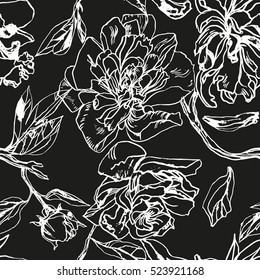 Black and white floral pattern flowers graphic background. Silhouette floral pattern roses and peonies.