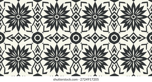 Patrón floral blanco y negro con Formas geométricas en un diseño repetitivo