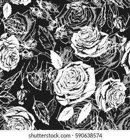 Black and white floral pattern Graphic painted roses. Flowers rough effect layered background. Silhouette floral pattern blossom roses.